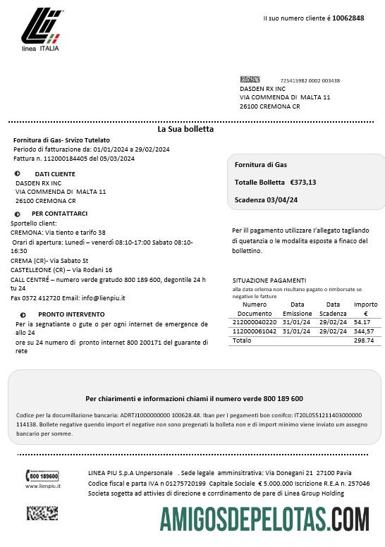 Em branco modelo de conta de serviços públicos da Itália Linea Italia em formato Word e PDF